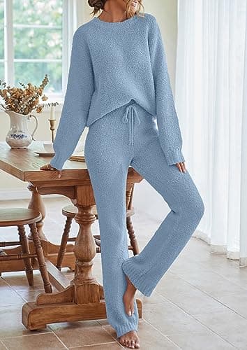 MEROKEETY Womens Pajama Sets 2025 Fall Lounge Sweater Set Cute Fuzzy Fleece 2 Piece Long Sleeve Cozy Winter Pj Outfits, Blue, X-Large - Image 7