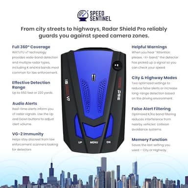 Speed Sentinel Radar Detector – 360° Police Speed Sentinel Radar Detectors for Cars with Voice Alerts, City & Highway Modes, False Alert Filtering VG-2 Immunity - Image 2