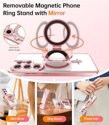 Meifigno Magnetic Case with Removable Phone Ring Stand for Samsung Galaxy S25 Ultra, [Glitter Card & Wrist Strap] [MagSafe Compatible] [Built in Mirror] Phone Ring Stand + Phone Case Kit, Rose Gold - Image 3