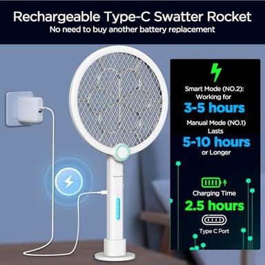 Foldable Electric Fly Swatter 3800V Bug Zapper Racket Rechargeable with UV Lights, Portable Handheld Cordless Mosquito Rackets to Kill Mosquitoes, Wasps, Gnats, Fruit Flies, Flies for Indoor Home - Image 3