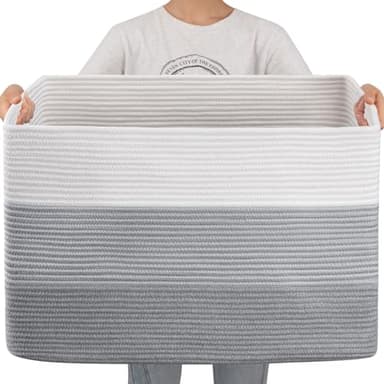 OIAHOMY 108L Super Large Blanket Basket, 25”x16”x16”(108L) Rectangle Woven Baskets for Storage, Cotton Rope Basket For Living Room, Toy Storage with Handle - Gradient Grey - Image 1