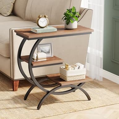 Tribesigns C-Shaped End Table, Industrial 3-Tier Small Side Table for Couch, Wood Bedside Table Snack Side Table with Storage Shelves for Living Room Small Space, Rustic Brown - Image 3