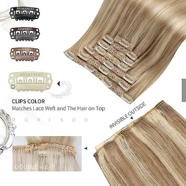 Moresoo Clip in Hair Extensions Remy Double Weft Human Hair Clip in Extensions Straight Hair Extensions for Women Dark Ash Blonde Highlight with Golden Blonde 20inch 7pcs 120g - Image 4