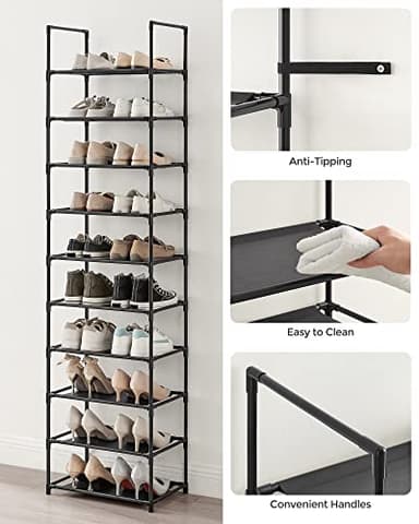 SONGMICS Shoe Rack, 10 Tier Shoe Shelf, Shoe Storage Organizer, Space-Saving, 11 x 17.7 x 68.1 Inches, Metal Frame, Non-Woven Fabric Shelves, for Entryway, Bedroom, Black ULSH010B02 - Image 8