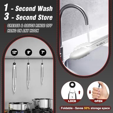 Food Grade Stainless Steel Kitchen Tongs for Cooking,BBQ - 7 ，9 and 12 Inch,Set of 3 Heavy Duty Locking Metal Food Tongs Non-Slip Grip - Image 7