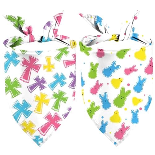 Easter Dog Bandanas 2 Pack, Triangle Reversible Rabbits Chilck Blue Pink Plaid Dog Scarfs for Boy and Girl, Pet Scarves for Easter Bandanas Bulk for Small Medium Large Dogs (Cross+Bunny, One Size) - Image 1
