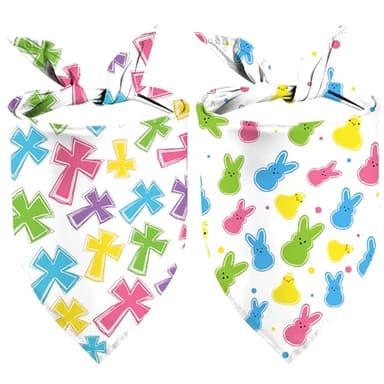 Easter Dog Bandanas 2 Pack, Triangle Reversible Rabbits Chilck Blue Pink Plaid Dog Scarfs for Boy and Girl, Pet Scarves for Easter Bandanas Bulk for Small Medium Large Dogs (Cross+Bunny, One Size) - Image 1