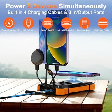 WONGKUO Solar Charger Power Bank - 49800mAh Solar Phone Charger with USB-C in/Output, QC 3.0 Fast Charging with LED Flashlight, Portable Power Bank Built-in 4 Cables, IP65 Waterproof Fits for Outdoor - Image 2