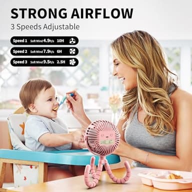 AMACOOL Battery Operated Stroller Fan Flexible Tripod Clip On Fan with 3 Speeds and Rotatable Handheld Personal Fans for Car Seat Crib Bike Treadmill (Pink) - Image 3
