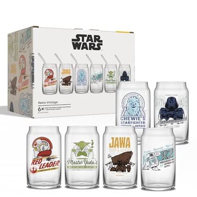 JoyJolt Star Wars Retro Vintage Collection 16.9oz Glass Tumblers - Featuring Darth Vader, R2D2, Yoda, Chewbacca, Red Leader, Jawa - Original Trilogy Drinkware, Set of 6 with Glass Straws - Image 9