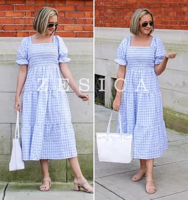 ZESICA Women's 2025 Bohemian Summer Plaid Square Neck Puff Sleeve Ruffle Flowy Beach Midi Dress,LightBlue,Small - Image 7