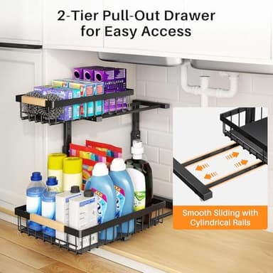 PXRACK 2 PACK Under Sink Organizer,Adjustable Height,2 Tier Pull Out Under Cabinet Organizer,Thickened Metal Shelf,Slide Out Under Sink Storage for Kitchen Bathroom Cabinet Laundry - Image 5