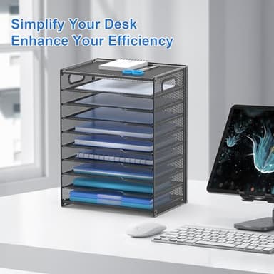 OUTWOLF 10 Tier Paper Organizer - Letter Tray Mesh Desk File Organizer with Handles for Office School Desktop, Black - Image 2