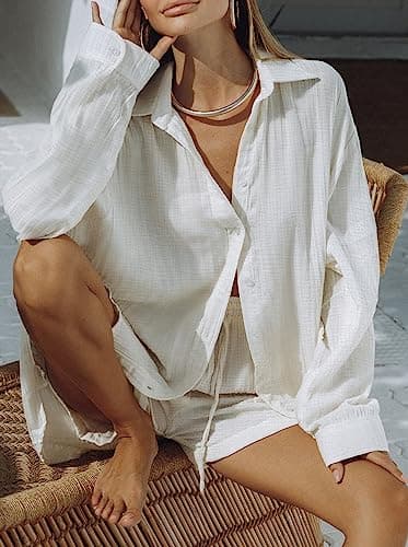 Fixmatti Two Piece Sets for Women Long Sleeve Button Down Shirt and High Waist Shorts Sweatsuit White XL - Image 7
