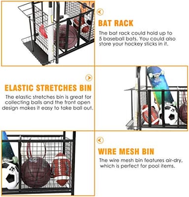 Snail Garage Storage System Sports Equipment Organizer with Baskets and Hooks, Sports Gear and Ball Storage Rack with Wheels for Garages, Playgroup, Gym and Schools, Powder Coated Steel, Black - Image 3