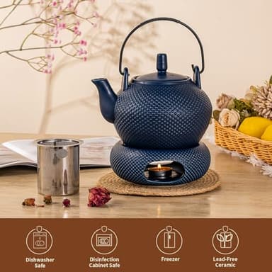 TEATALK Ceramic Teapot with Warmer: 27 oz Large Tea Pot with Infuser for Loose Tea, Blue Teapot with Strainer - Image 2