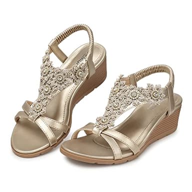 TEMOFON Women's Low Wedge Heels Summer Dressy Platform Sandals Elastic Ankle Strap Open Toe Shoes Champagne/Gold Size 8.5 - Image 6