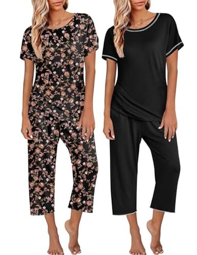 Ekouaer 2 Pack: Womens Pajamas Short Sleeve Sleepwear Tops and Capri Pants Pjs Print Pajama Sets Brown Flowers Black XL - Image 1