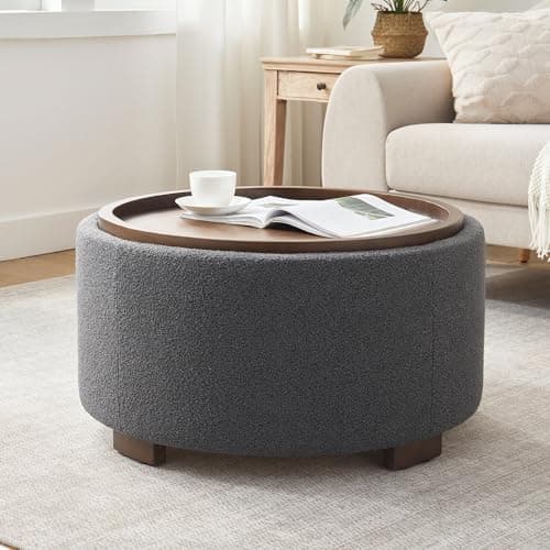 Zihanhome 30 Inch Round Storage Ottoman Coffee Table, Modern Boucle Ottoman with Lift-Off Lid and Solid Wood Legs for Living Room, Bedroom, Corners, Apartments (Grey) - Image 1