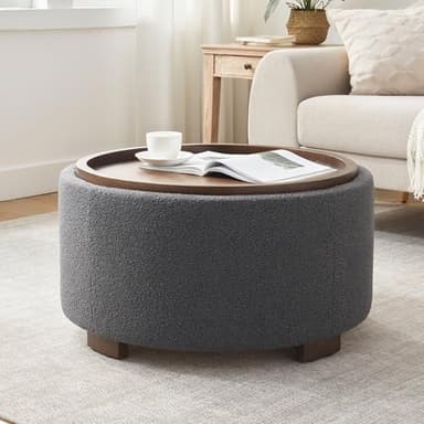 Zihanhome 30 Inch Round Storage Ottoman Coffee Table, Modern Boucle Ottoman with Lift-Off Lid and Solid Wood Legs for Living Room, Bedroom, Corners, Apartments (Grey) - Image 1