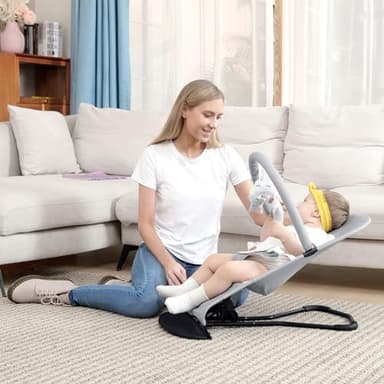 HKAI Baby Bouncer, Portable Baby Bouncer Seat for Babies 0-18 Months, 100% Cotton Fabrics, 3 Modes of use with Rocker and Stationary Options, Infant Rocker Chair with Hanging Toys-Light Grey - Image 6