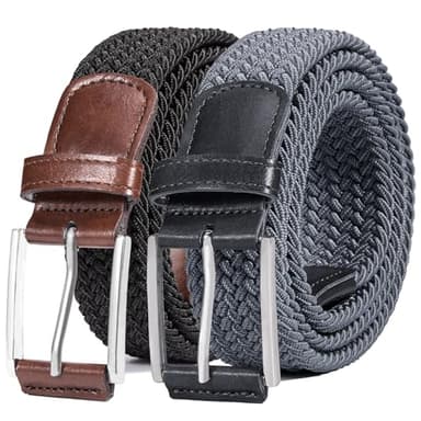 DENGFENGZHE Belt for Men, 1 3/8" Mens Gift Stretch Braided Web Belt Elastic for Casual Golf Jeans, 2 Pack (Black+Gray, 36" to 42" Waist Adjustable) - Image 1