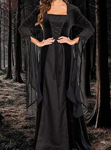 BITSEACOCO Deluxe Witch Dress Costume for Women, Vintage Embroidered Renaissance Victorian Gothic Hooded Vampire Gown Dress Cosplay (Black,S) - Image 3