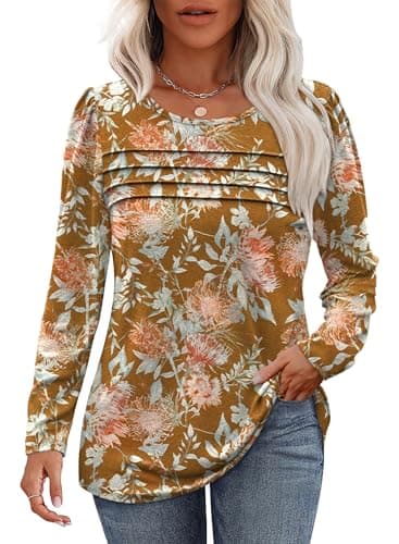 Womens Tops Long Sleeve Shirts Fleece Pullover Sweaters Fall Outfits Tunic Tops for Leggings Leaf Print Yellow Brown S - Image 1