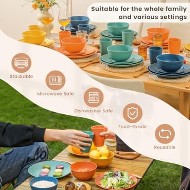 Homienly 40-Piece Premium Wheat Straw Dinnerware Sets, Service for 8, Unbreakable Plates and Bowls Set - Cups Sets, Dinner Plates, Bowls for Kitchen,Dishwasher and Microwave Safe Dishes Set - Multi - Image 6