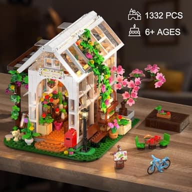 HOGOKIDS Flower House Building Set with LED Light - 1332 PCS Garden House Buiding Toy with Flowers Potted Plants Parrot Cat Animals Playset Greenhouse Model Xmas Gift for Adults Teens Girls Ages 8+ - Image 5