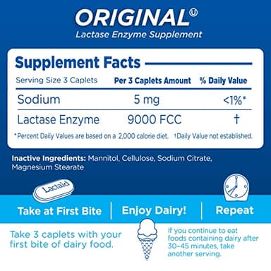Lactaid Original Strength Lactose Intolerance Pills, 9000 FCC Natural Lactase Enzyme Dairy Relief Caplets, Helps Prevent Gas, Bloating & Diarrhea Due to Lactose Sensitivity in Adults & Kids, 120 Count - Image 5