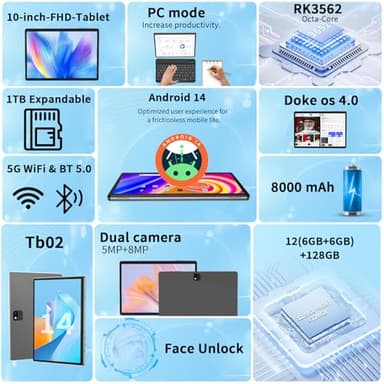 JJGJ Android 14 Tablet with Keyboard, 12GB RAM (6+6), 128GB Storage, 1TB Expandable, 8000mAh Battery, 10 Inch 2-in-1 Tablets, Includes Case, Mouse & Stylus（Green Case） - Image 3