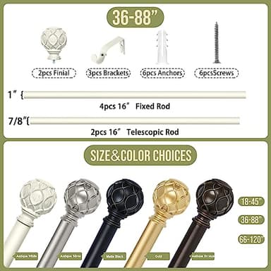 TANGWIN White Farmhouse Curtain Rods for Windows:36-88" Heavy Duty Adjustable Curtain Rod for Bedroom Living Room,Boho Decorative Rustic Drapery Rods with Vintage Coastal Texture Finials,Antique White - Image 6