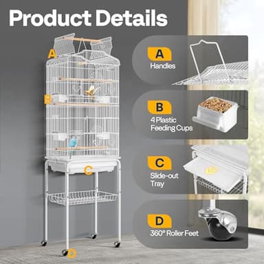 VIVOHOME 64 Inch Bird Cage with Play Top and Rolling Stand for Parrots Conures Lovebird Cockatiel Parakeets White - Image 5