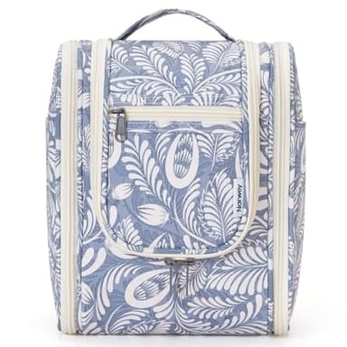 Narwey Small Hanging Toiletry Bag Women Travel Makeup Bag Organizer Toiletries Bag for Travel Size Essentials Accessories Cosmetics (Medium, Blue Leaf) - Image 1