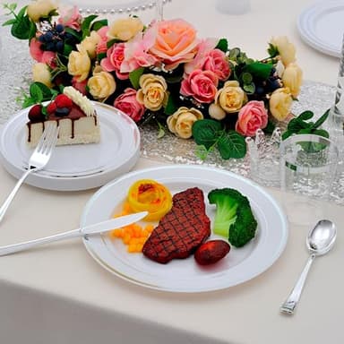 ISFANGCO 700 PCS Silver Plastic Dinnerware for 100 Guests, Silver Disposable Plate for Party Wedding with 100 Dinner Plates, 100 Dessert Plates, 100 Silverware Set, 100 Cups, 100 Napkins - Image 2