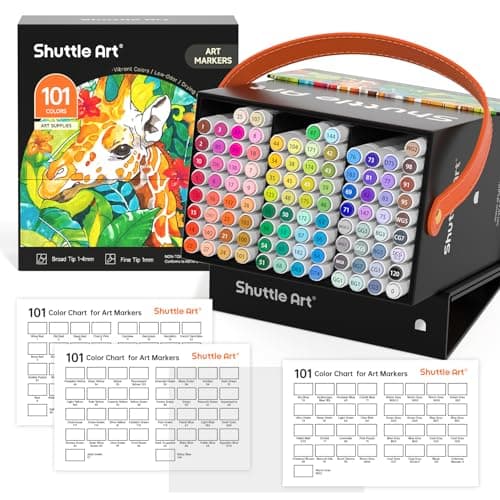Shuttle Art 101 Colors Alcohol Markers, 100 Colors Dual Tip Art Marker Set Plus 1 Colorless Blender with Marker Case Perfect for Illustration Students Adult Coloring Sketching - Image 1