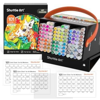 Shuttle Art 101 Colors Alcohol Markers, 100 Colors Dual Tip Art Marker Set Plus 1 Colorless Blender with Marker Case Perfect for Illustration Students Adult Coloring Sketching - Image 1