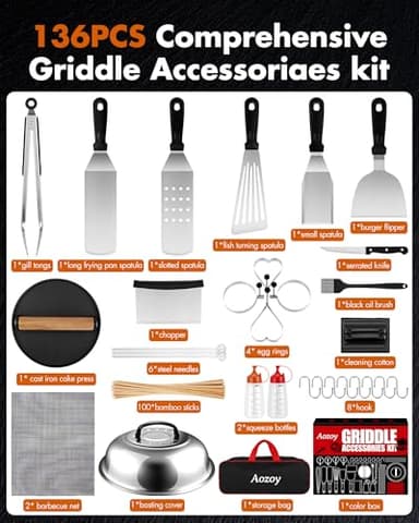 Griddle Accessories Kit - 136PCS Flat Top Grill Accessories for Blackstone and Camp Chef Metal Spatula Tools Set with Burger Press Scraper Tongs Carry Bag for Outdoor Grilling BBQ Cooking - Image 2