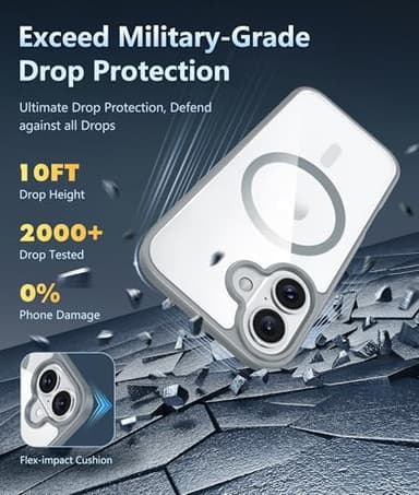 FNTCASE for iPhone 16 Phone Case: Clear Magnetic Military Grade Drop Protection Anti Yellowing Slim Case - Rugged Shockproof Protective Transparent Cell Phone Cover(Gray) - Image 4