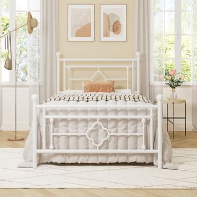 Allewie Twin Size Metal Platform Bed Frame with Victorian Vintage Headboard and Footboard/Mattress Foundation/Under Bed Storage/No Box Spring Needed/Noise-Free/Easy Assembly, White - Image 1