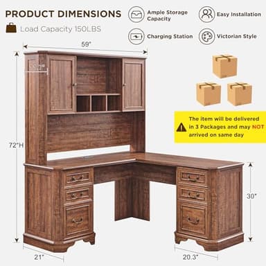 T4TREAM 59" Executive L Shaped Desk with Hutch,Victorian Wood Computer Desk, Featuring Charging Station,File Drawer, Storage Cabinet,for Home Office Work and Study (Reclaimed Barnwood) - Image 2