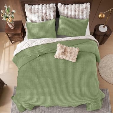 SHALALA Velvet Quilt Queen Size,Vertical Striped Bedding Set,Lightweight Velvet Comforter,Luxurious Cozy Bedspread and Coverlet with Soft Brushed Microfiber(Sage Green,Full/Queen) - Image 5