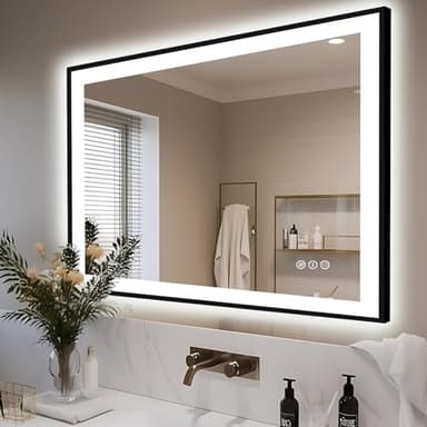 EchosLife 44x30 Bathroom Light up Mirror, Black Double Bright Lights, Anti-Fog Vanity Mirror with Lights, Stepless Dimmable Illuminated Mirror, Touch Control, Waterproof (Horizontal/Vertical) - Image 1