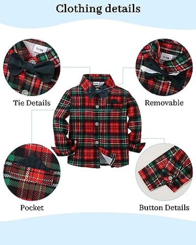 DISAUR Toddler Boy Dress Clothes Short Sleeve Christmas Red Plaid Flower Dress Shirt Bow Tie Suspender Green Pants Toddler Outfits For Boys 18 Months 2t 24 Months - Image 2