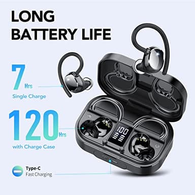 KT1 Bluetooth Headphones Wireless Earbuds 120hrs Playtime Wireless Charging Case Digital Display, Ear Buds with Earhook,IPX7 Waterproof, Deep Bass 2.0,Over-Ear Earphones for Sport Running - Image 2