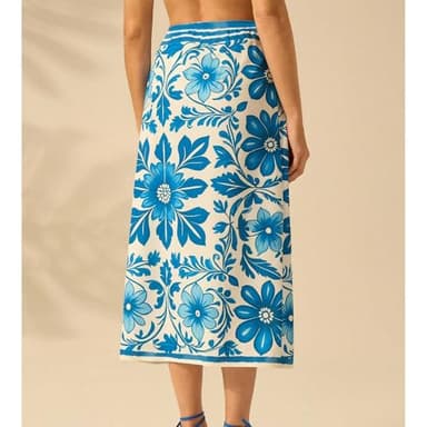 Talakeno Womens Floral Wrap Midi Skirt Summer Adjustable Tie Side Casual High Waist A Line Beach Boho Long Flared Skirts(Blue,M) - Image 4