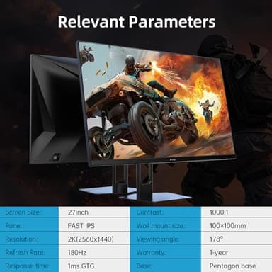 KTC 27” Gaming Monitor 180Hz QHD(2560× 1440p), 1MS,Fast IPS Monitor,122% sRGB,1X DP & 2X HDMI,HDR 10,VESA,FreeSync 144Hz 2K Monitor Black - Image 6