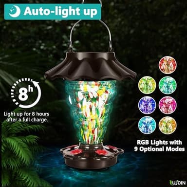 Solar Hummingbird Feeder for Outdoors Hanging, Lighted Lantern with RGB Lights, Hand Blown Glass, 28 fl.oz, Leak Proof & Rustproof, Metal Cover with 5 Feeding Ports, Spiral Shaped, Teal - Image 5