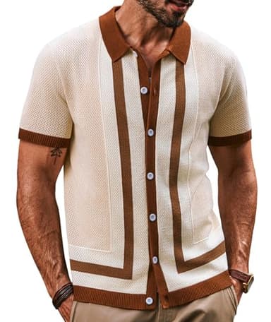 PJ PAUL JONES Mens Retro Polo Shirt Short Sleeve Button Up Knitted Italian Vintage 70s Shirts for Men Spring Summer Apricot M - Image 1